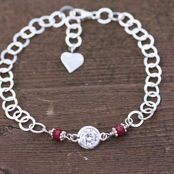 Handmade Natural Ruby Bracelet in Sterling Silver , July Birthstone 7.8" - Picture 1 of 5